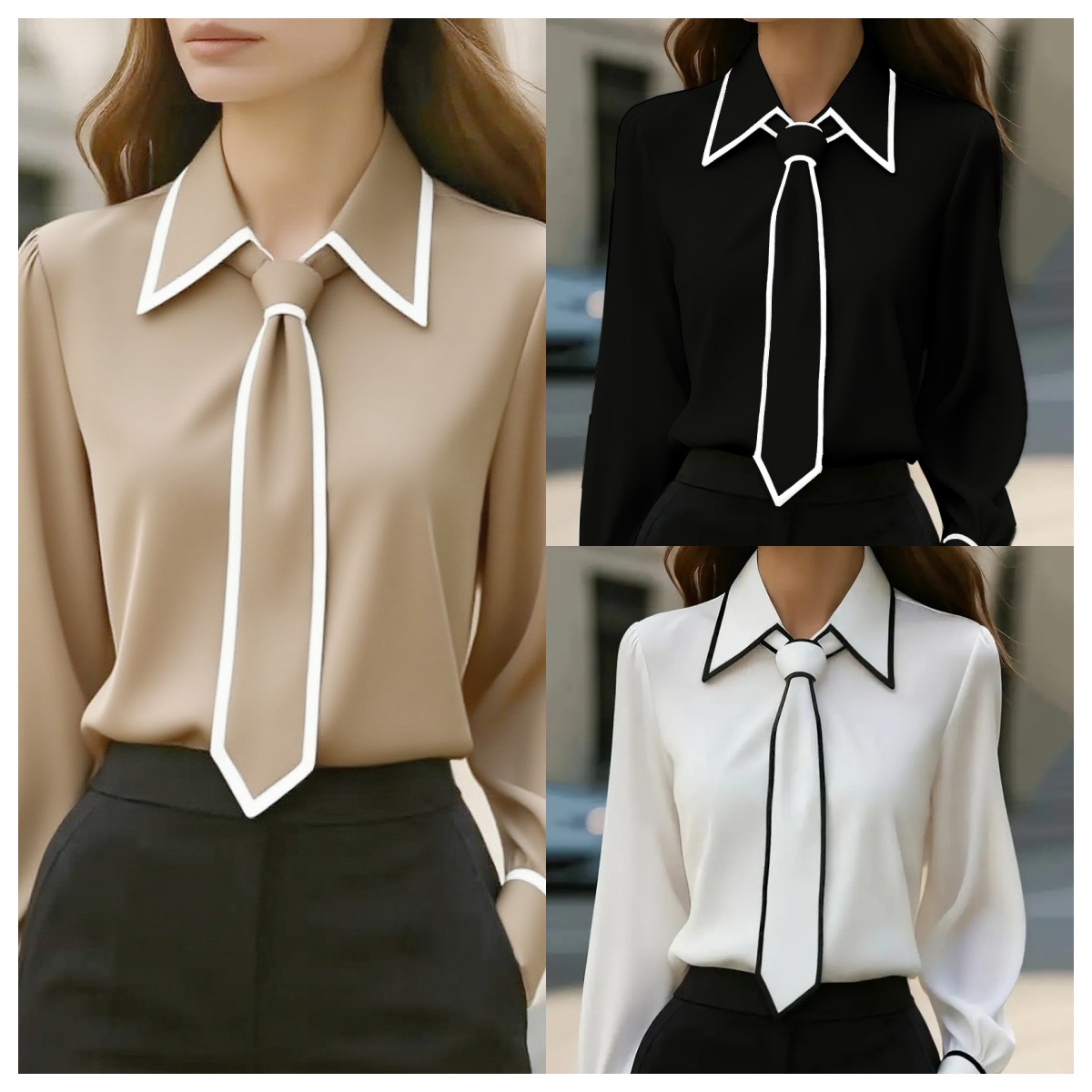 Women Formal Wear With Tie - Blusa Feminina com Detalhes Contrastantes e